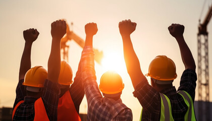 construction workers raise their hands in the air - obrazy, fototapety, plakaty