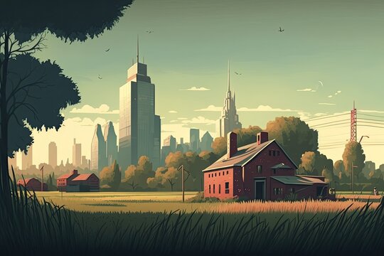 red house in a rural landscape with a distant cityscape. Generative AI