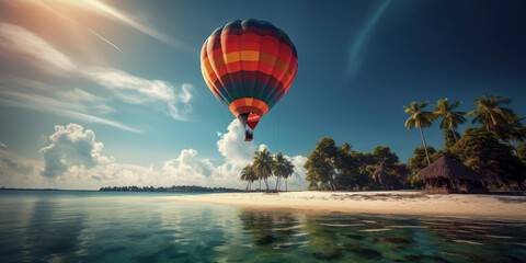 Fototapeta premium hot air balloon on the tropical island, landscape, generative ai