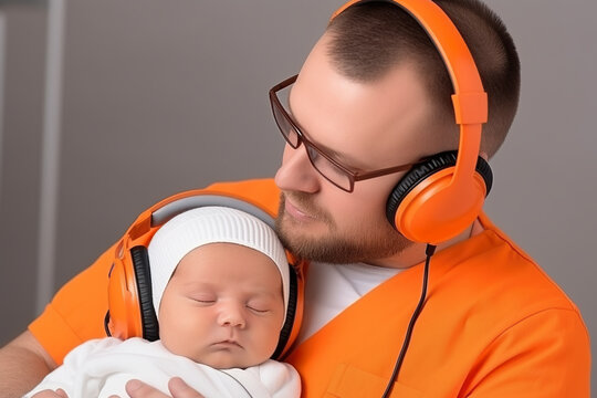 Young Father Holding His Sleeping Baby, Both Wearing Headphones. Assumed That Both Listening To Lullaby. AI Generative Image