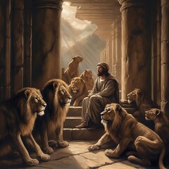 Daniel in the lion's den waiting on steps.  Generative ai - obrazy, fototapety, plakaty