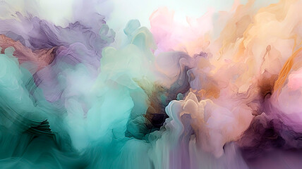 Modern, abstract watercolor design in soft pastel hues of lavender, blush pink, and mint green, the colors blend seamlessly into each other. Wallpaper