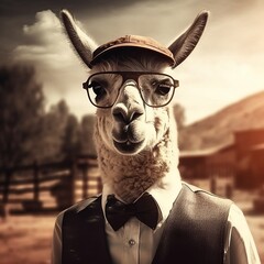 portrait of a llama wearing glasses on a farm.  Generative ai