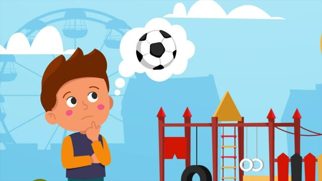 Cute little boy lost his ball. Kid wants to play with his soccer ball. A child walks down the street past a playground looking for his toy. Colorful animated cartoon video clip