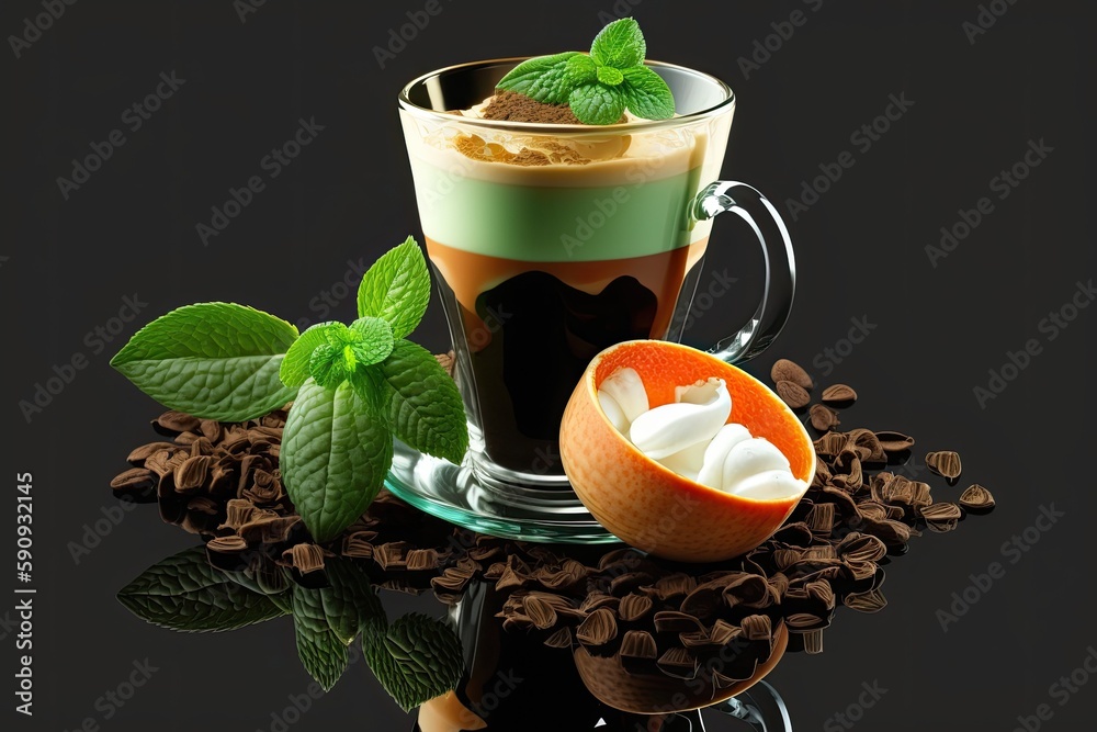 Wall mural cup of coffee topped with whipped cream and a sprig of fresh mint. Generative AI