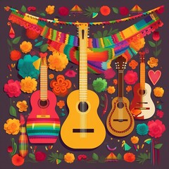 colorful festive background with guitars.  Cinco de Mayo.  Generative ai