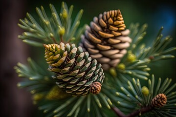 Two Pine Cones on a Branch of a Pine Tree. Generative AI