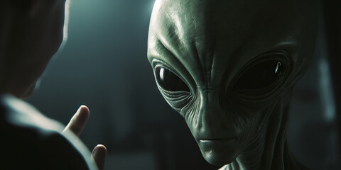 Póster  alienígenas en contacto con una persona asustada, extraterrestre sobre fondo negro, creado con IA generativa