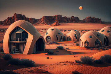 Fototapeta na wymiar casas futurista en marte, gran urbe edificios en el desierto, videojuego futurista ciudad, creado con IA generativa