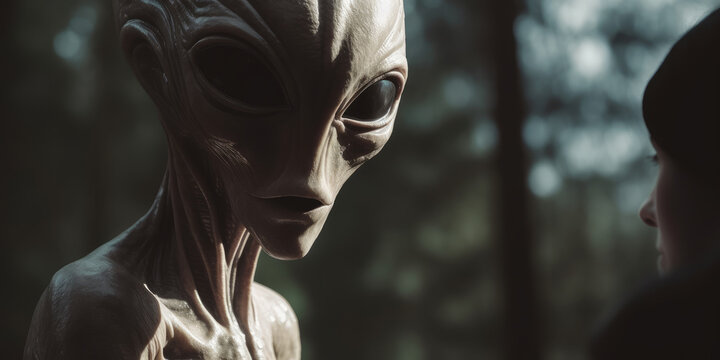 Extraterrestre en contacto con un humano, alien&iacute;gena sorprendido en el bosque, creado con IA generativa