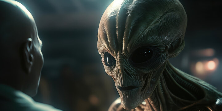 P&oacute;ster  alien&iacute;genas en contacto con una persona asustada, extraterrestre sobre fondo negro, creado con IA generativa