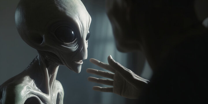 Extraterrestre en contacto con un humano, alien&iacute;gena asustado por las personas, creado con IA generativa