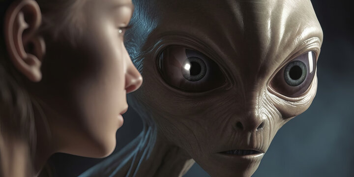 Extraterrestre en contacto con un humano, alienígena asustado por las personas, creado con IA generativa