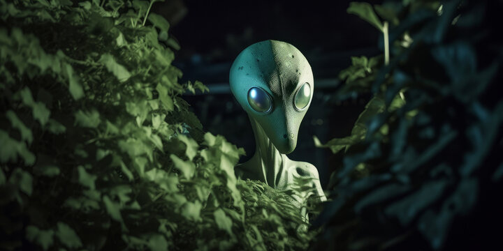 Extraterrestre camuflado en la naturaleza, técnica de supervivencia, suceso paranormal, alíen en el jardín, creado con IA generativa