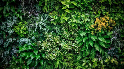 Obraz premium A lush, vibrant green living wall filled with a variety of small, healthy plants, creating a natural, eco-friendly texture. Wallpaper, Background