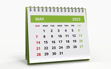 Standing Desk Calendar May 2023. Business monthly calendar with metal spiral-bound, the week starts on Sunday. Monthly Pages on a white base and green title, isolated on white background, 3d render

