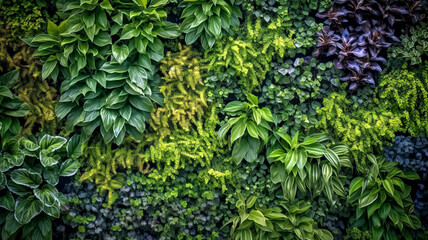 Fototapeta na wymiar A lush, vibrant green living wall filled with a variety of small, healthy plants, creating a natural, eco-friendly texture. Wallpaper, Background