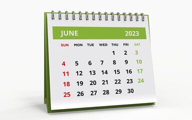 Standing Desk Calendar June 2023. Business monthly calendar with metal spiral-bound, the week starts on Sunday. Monthly Pages on a white base and green title, isolated on white background, 3d render
