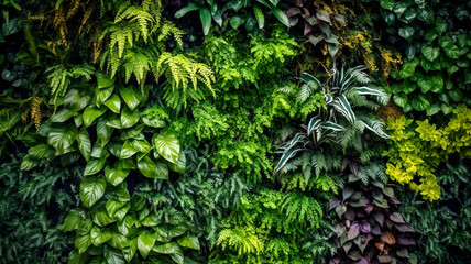 A lush, vibrant green living wall filled with a variety of small, healthy plants, creating a natural, eco-friendly texture. Wallpaper, Background
