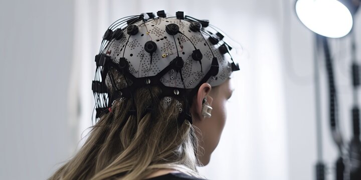 person holding an eeg sensor measuring brain activity, concept of Brainwave monitoring and technology, created with Generative AI technology