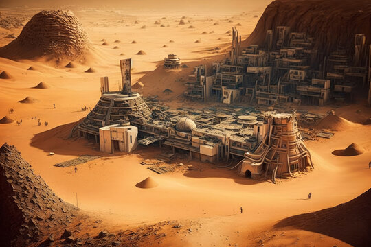 Vista aérea ciudad en marte, casas en un planeta espacial, edificios primitivos videojuego desierto, creado con IA generativa