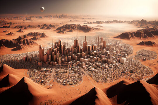 Vista a&eacute;rea ciudad en marte, gran urbe en un planeta espacial, grandes edificios futuristas videojuego desierto, creado con IA generativa