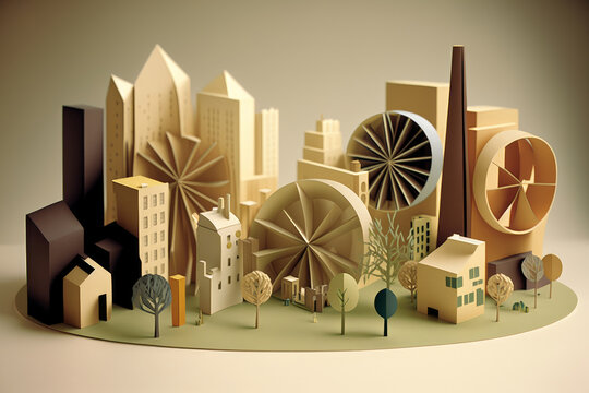 Ciudad sostenible de papel, edificios de paparcraft ciudad inteligente creado con IA generativa