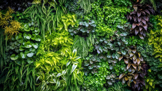 A lush, vibrant green living wall filled with a variety of small, healthy plants, creating a natural, eco-friendly texture. Wallpaper, Background