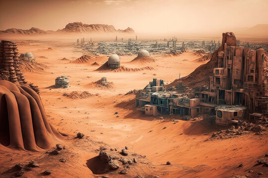 Ciudad en marte, casas y edificios en el planeta rojo, casas alienigenas videojuego creado con IA generativa