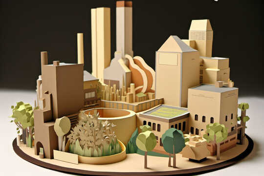 Ciudad inteligente hecha con papel, gran urbe de papercraft, edificios y casas con un diorama de papel y cart&oacute;n hecho en 3d creado con IA generativa