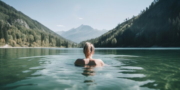 woman bathes in clear lake, concept of Nature and Serenity, created with Generative AI technology