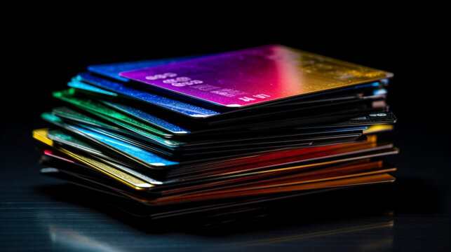 stack of multicolored credit cards on black background  Generative AI