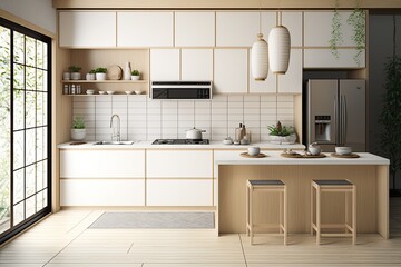 spacious kitchen with ample counter space and a large window. Generative AI