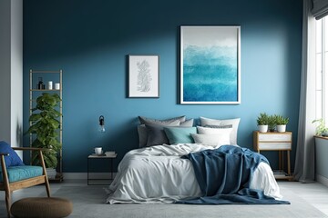 cozy bedroom with calming blue walls and a minimalist white bed. Generative AI