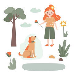 Set of illustrations girl , dog , nature . Vector illustration in a flat style.
