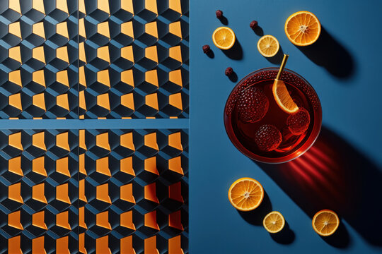 Copa bebida de alcohol bartender, ron con naranja club de lujo, plano cenital bebida tropical fiesta privada, creado con IA generativa 