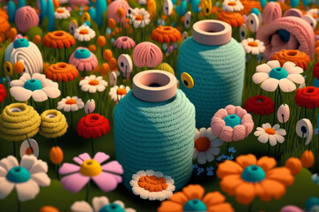 ovillo de lada en un precioso jardín con flores, crochet aesthetic, creado con IA generativa - obrazy, fototapety, plakaty