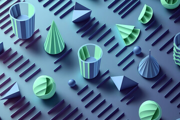 Fondo abstracto de conos y circunferencias en un espacio isometrico con colores azules, hecho con IA generativa - obrazy, fototapety, plakaty