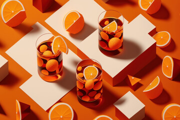 Vermut en fondo naranja isometrico, coctelería de lujo, restaurante moderno art deco, hecho con IA generativa - obrazy, fototapety, plakaty
