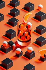 Vermut en fondo naranja y negro isometrico, coctelería de lujo, restaurante moderno art deco, hecho con IA generativa - obrazy, fototapety, plakaty