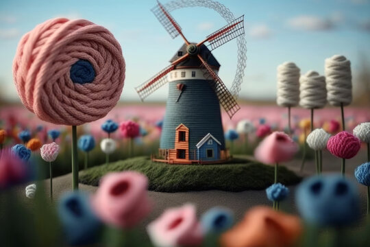 Molinos de viento hechos con lana, precioso paisaje de campo de flores en Holanda hecho con lana, creado con IA