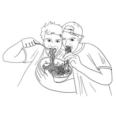 Two men eating a pasta artwork. Two boys eating Italian pasta outline illustration. Minimalistic linear design.