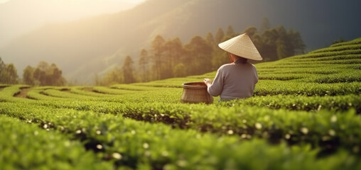 Woman picking tea leaves at tea plantation in Asia. Copy space. Based on Generative AI - obrazy, fototapety, plakaty