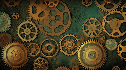 Background with gears steampunk style backdrop placeholder banner website steampunk concept green emerald aged background, AI Generated