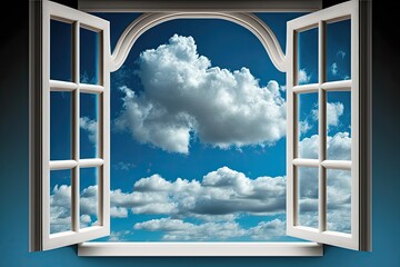 an Open Window with a View of a Cloudy Sk. Generative AI