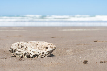Selective focus of a stone on the sand on the beach with the sea in the background.