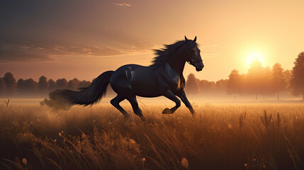 Fototapeta na wymiar Majestic Horse Galloping Through a Field at Sunrise