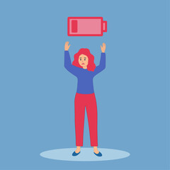 A sad tired woman with chaos in her head. Emotional burnout, neurosis, stress, overwork, fatigue, anxiety, exhaustion. The concept of mental health preservation. Vector illustration