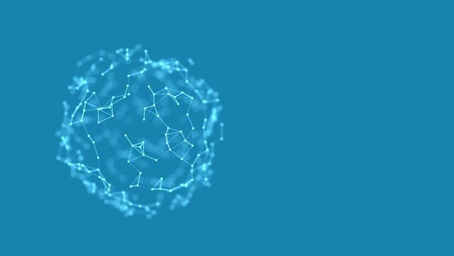 Abstract geometric background. Looped rotating sphere with plexus effect on blue background.