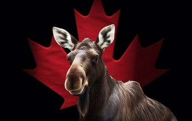 Moose and red canadian maple leaf on the black background created with Generative AI technology. Canada day